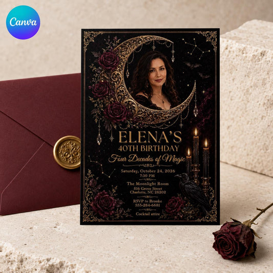 Gothic Celestial 40th Birthday Invitation — editable Canva template
