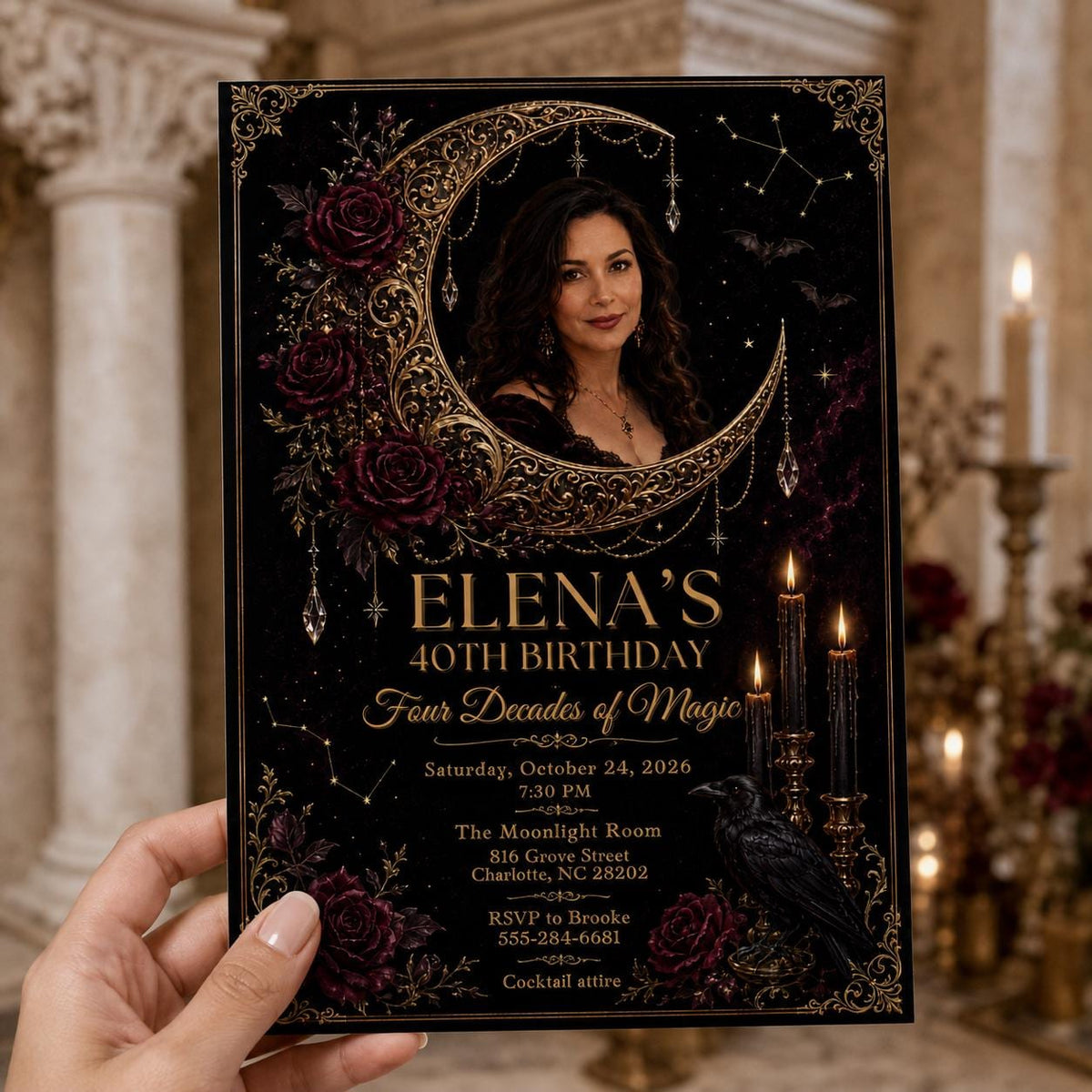 Gothic Celestial 40th Birthday Invitation — print-ready 40th birthday party design from VoltBy