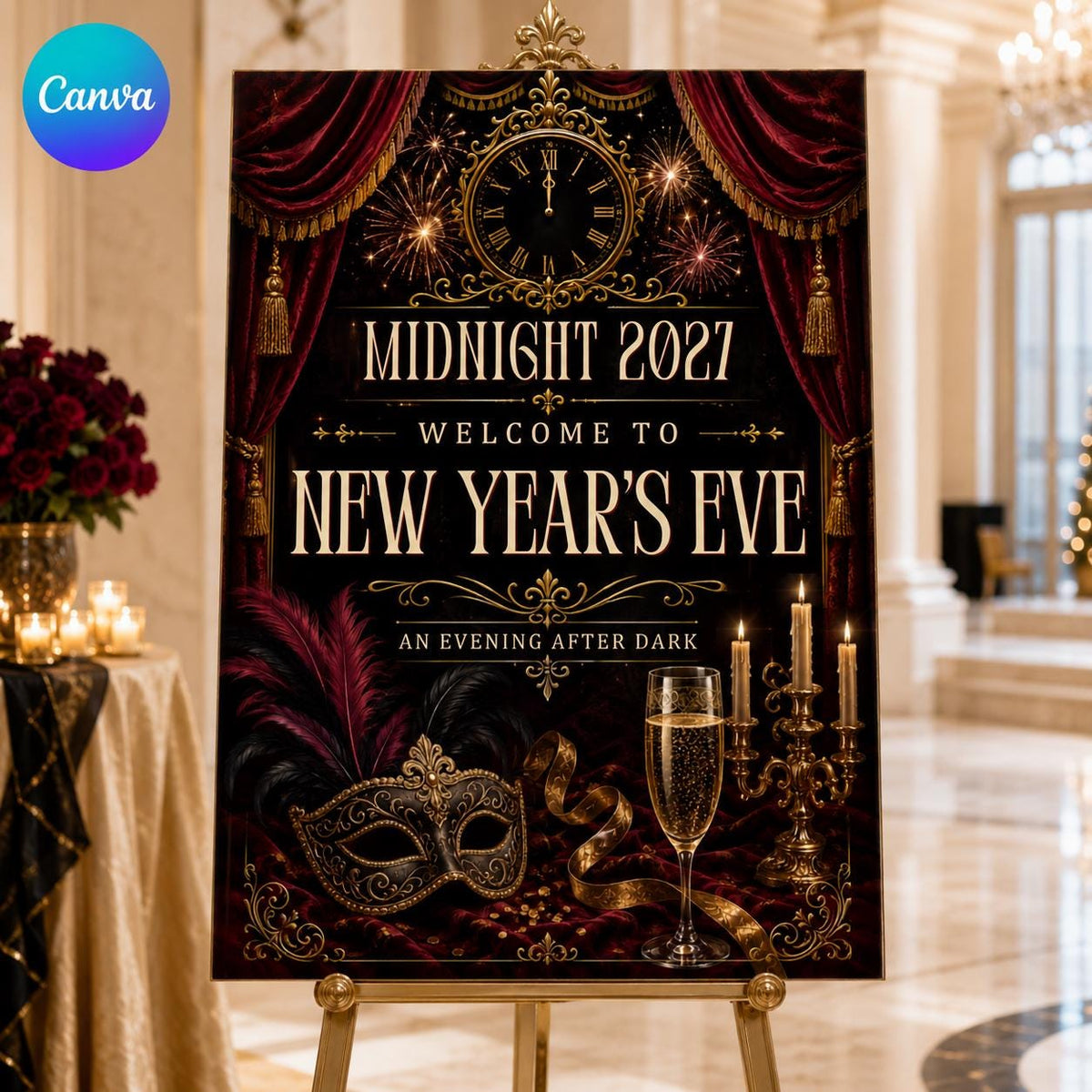 Gothic Clock Masquerade New Year Welcome Sign — editable Canva template
