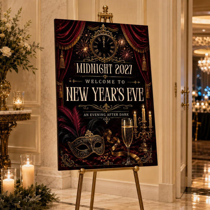 Gothic Clock Masquerade New Year Welcome Sign in black and burgundy