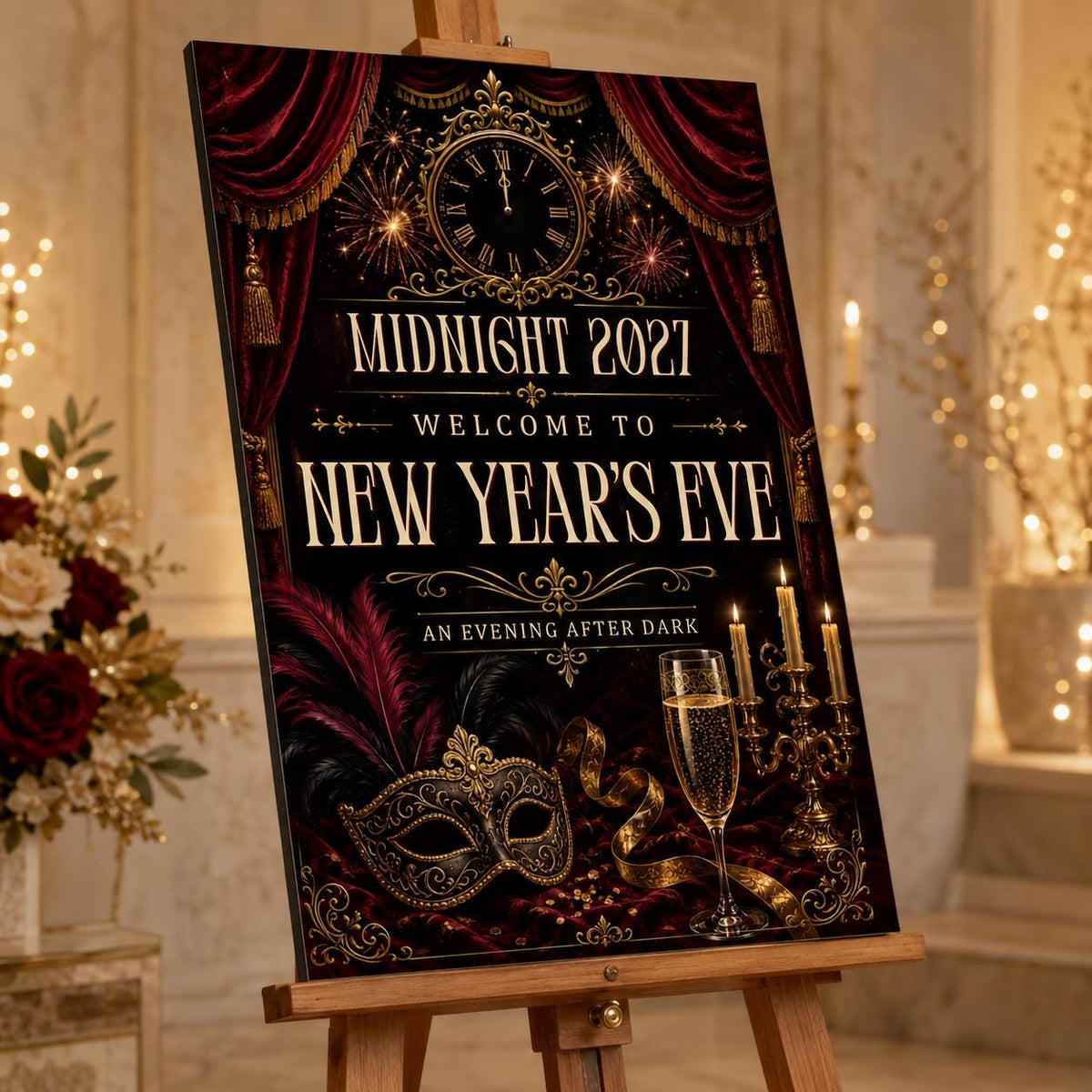 Gothic Clock Masquerade New Year Welcome Sign — welcome sign you personalize in Canva