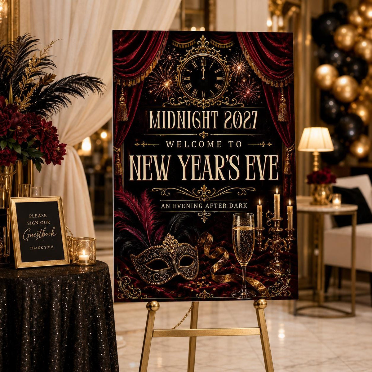 Gothic Clock Masquerade New Year Welcome Sign — print-ready New Year party design from VoltBy
