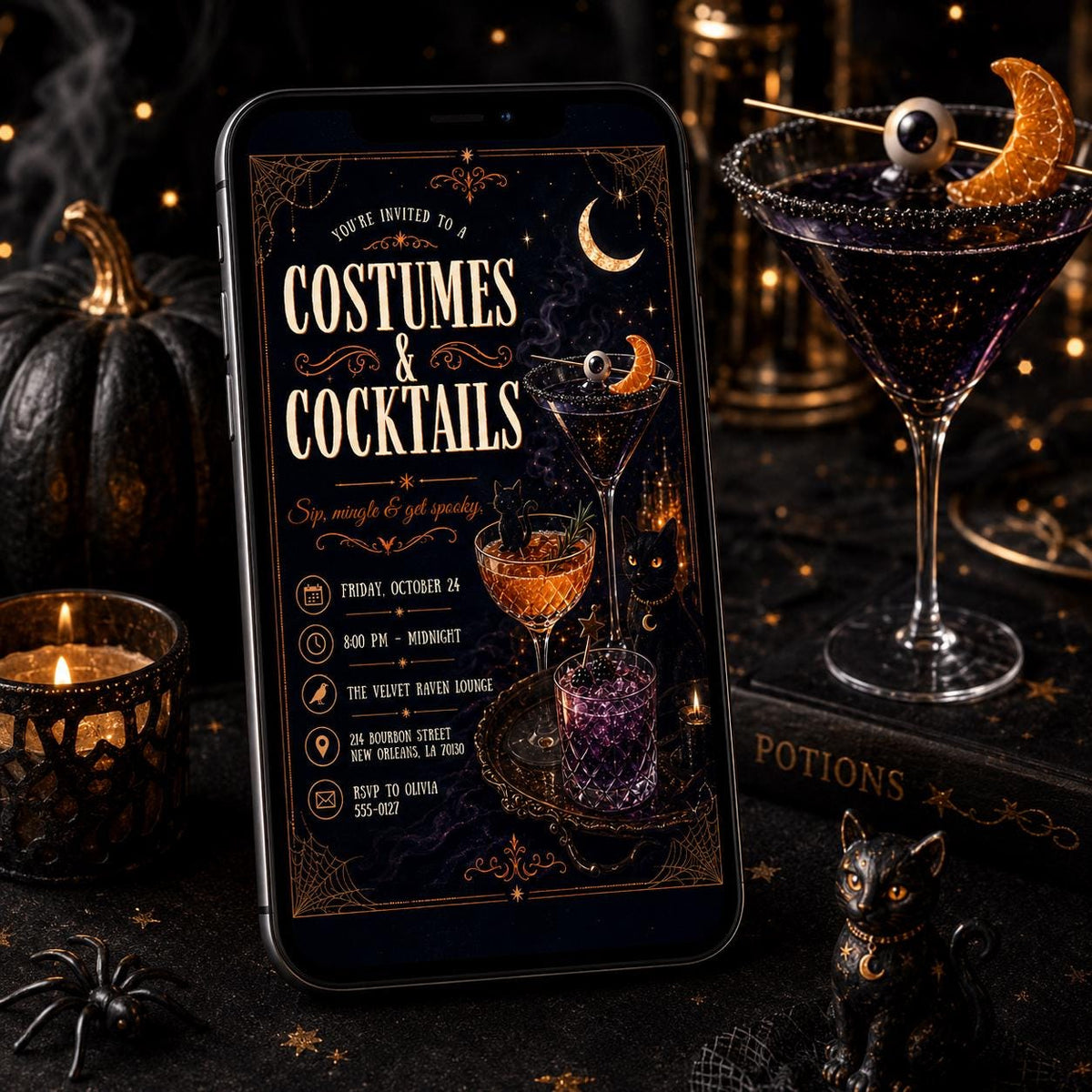 Gothic Costumes and Cocktails Invitation: Gothic Spooky Cocktail Night — print-ready Halloween party design from VoltBy