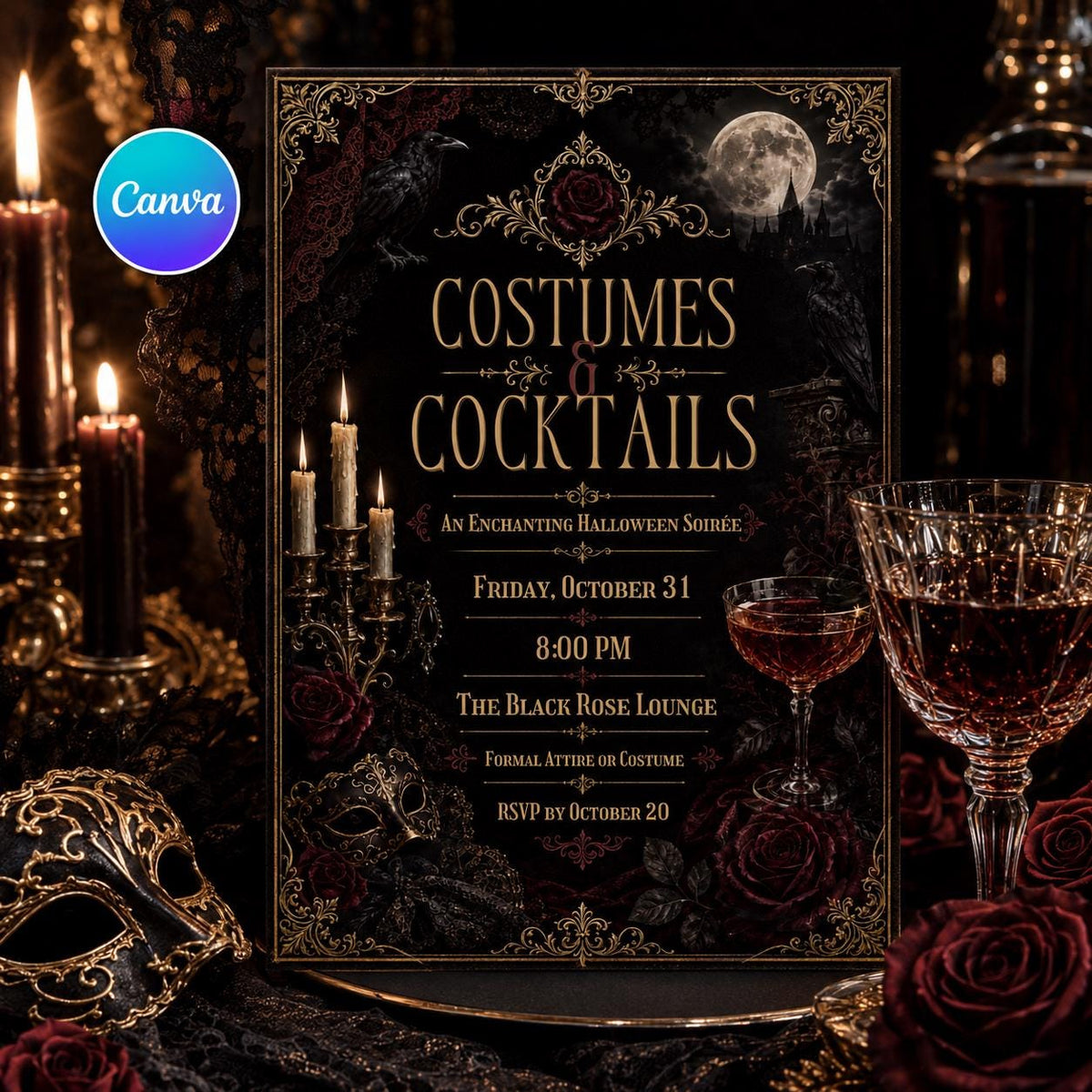 Gothic Costumes and Cocktails Invitation: Masquerade Cocktail Soiree — editable Canva template
