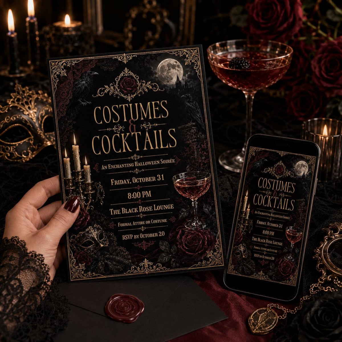 Gothic Costumes and Cocktails Invitation: Masquerade Cocktail Soiree — invitation you personalize in Canva