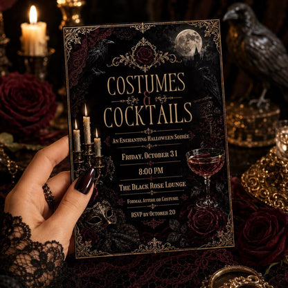 Gothic Costumes and Cocktails Invitation: Masquerade Cocktail Soiree — print-ready Halloween party design from VoltBy