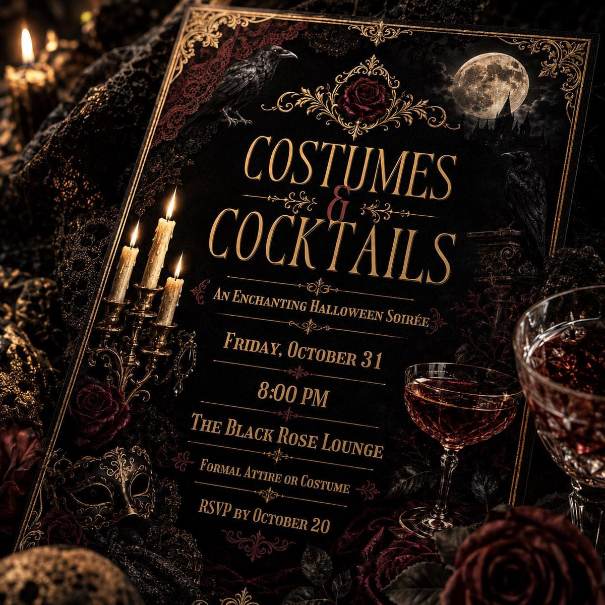 Gothic Costumes and Cocktails Invitation: Masquerade Cocktail Soiree — Halloween party stationery by VoltBy
