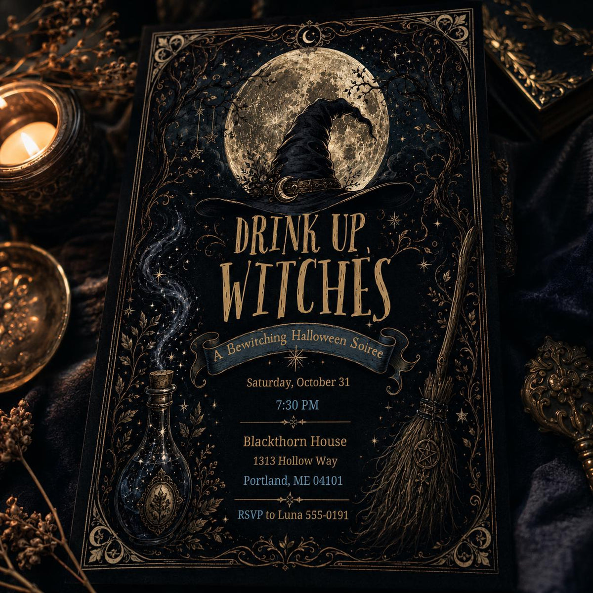 Gothic Drink Up Witches Halloween Invitation — cocktail and witch design