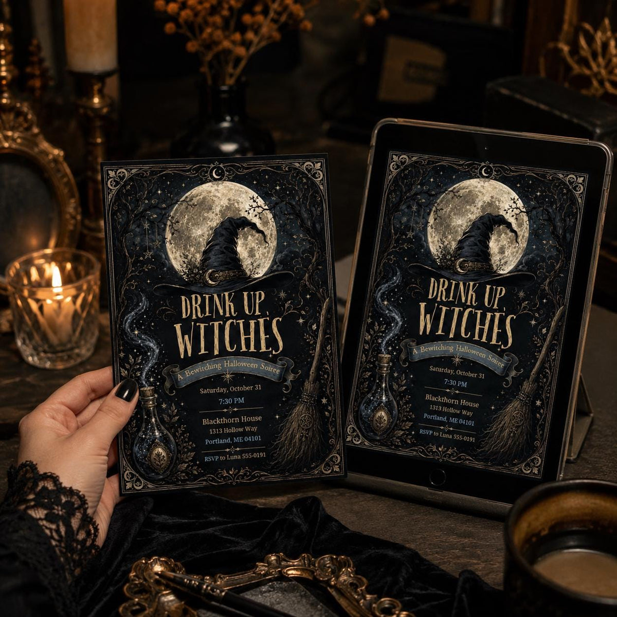 Gothic Drink Up Witches Halloween Invitation — invitation you personalize in Canva