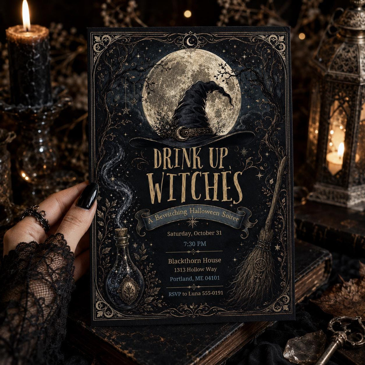 Gothic Drink Up Witches Halloween Invitation — print-ready Halloween party design from VoltBy