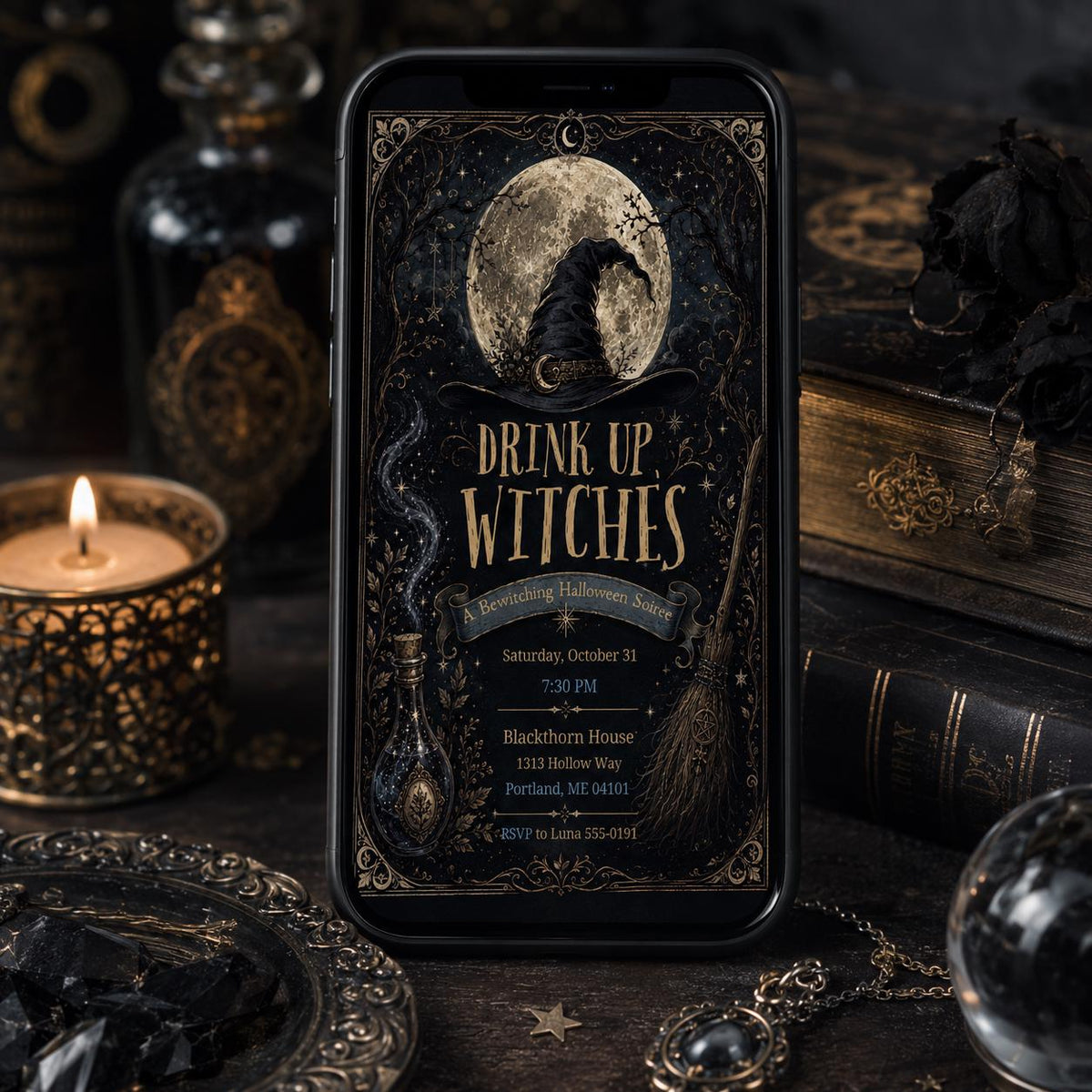 Gothic Drink Up Witches Halloween Invitation — digital invitation, instant download