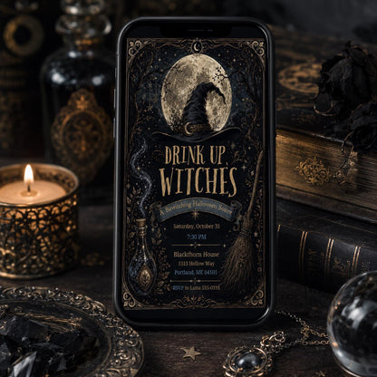 Gothic Drink Up Witches Halloween Invitation — digital invitation, instant download