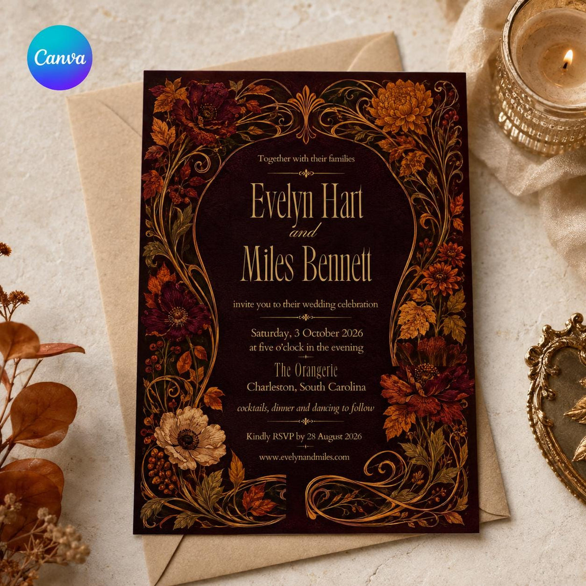 Gothic Floral Burgundy Wedding Invitation — editable Canva template