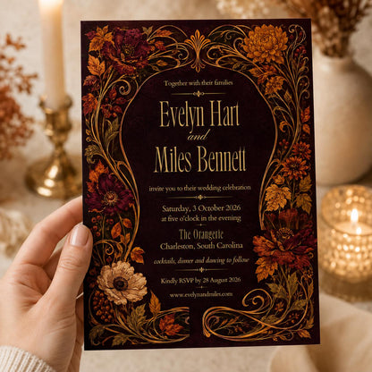 Gothic Floral Burgundy Wedding Invitation — invitation you personalize in Canva