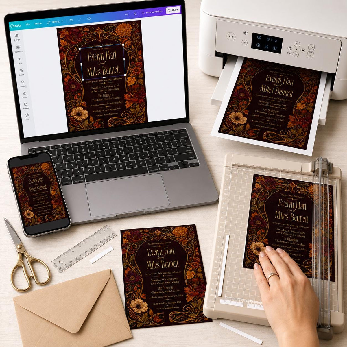 Gothic Floral Burgundy Wedding Invitation — print-ready wedding design from VoltBy