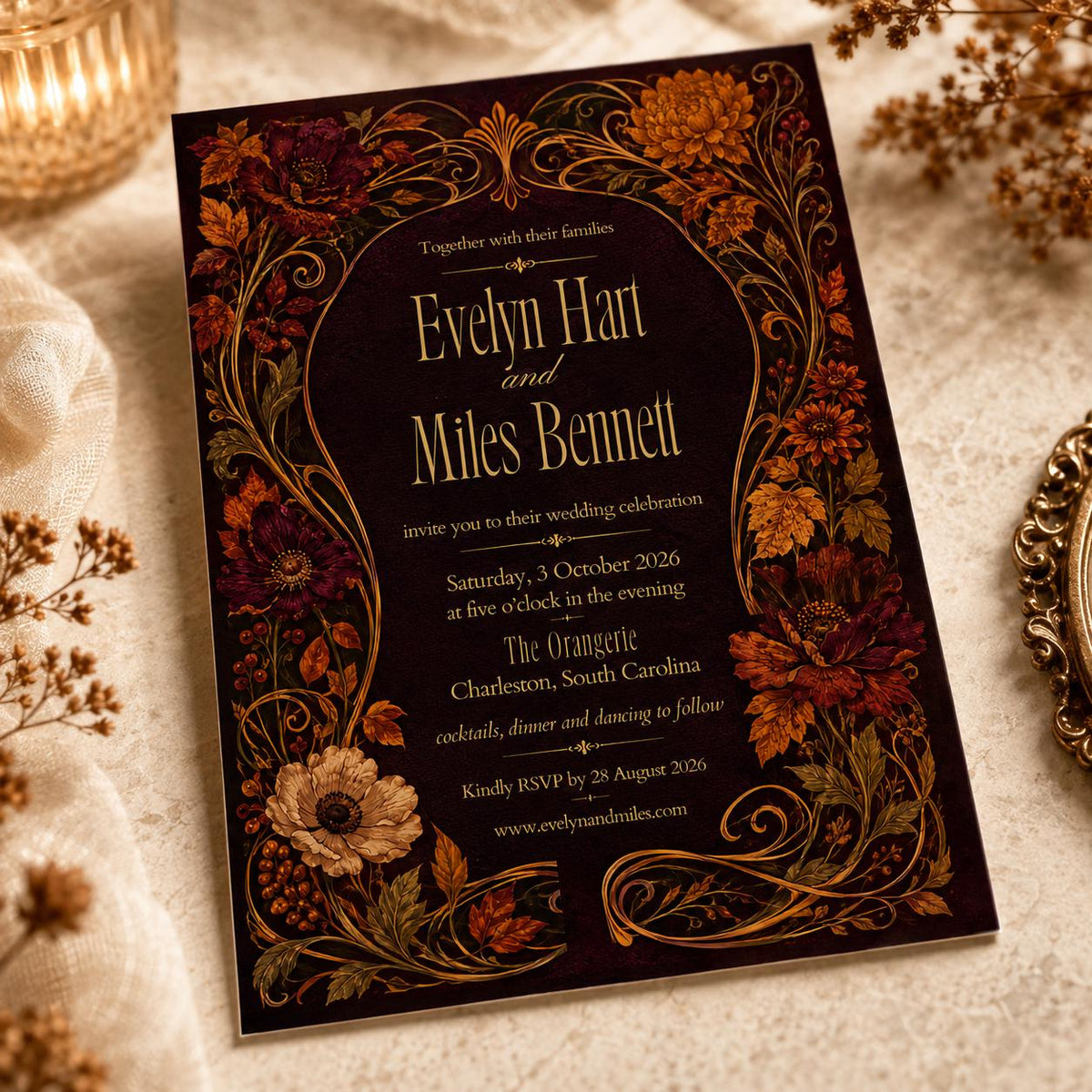 Gothic Floral Burgundy Wedding Invitation — digital invitation, instant download