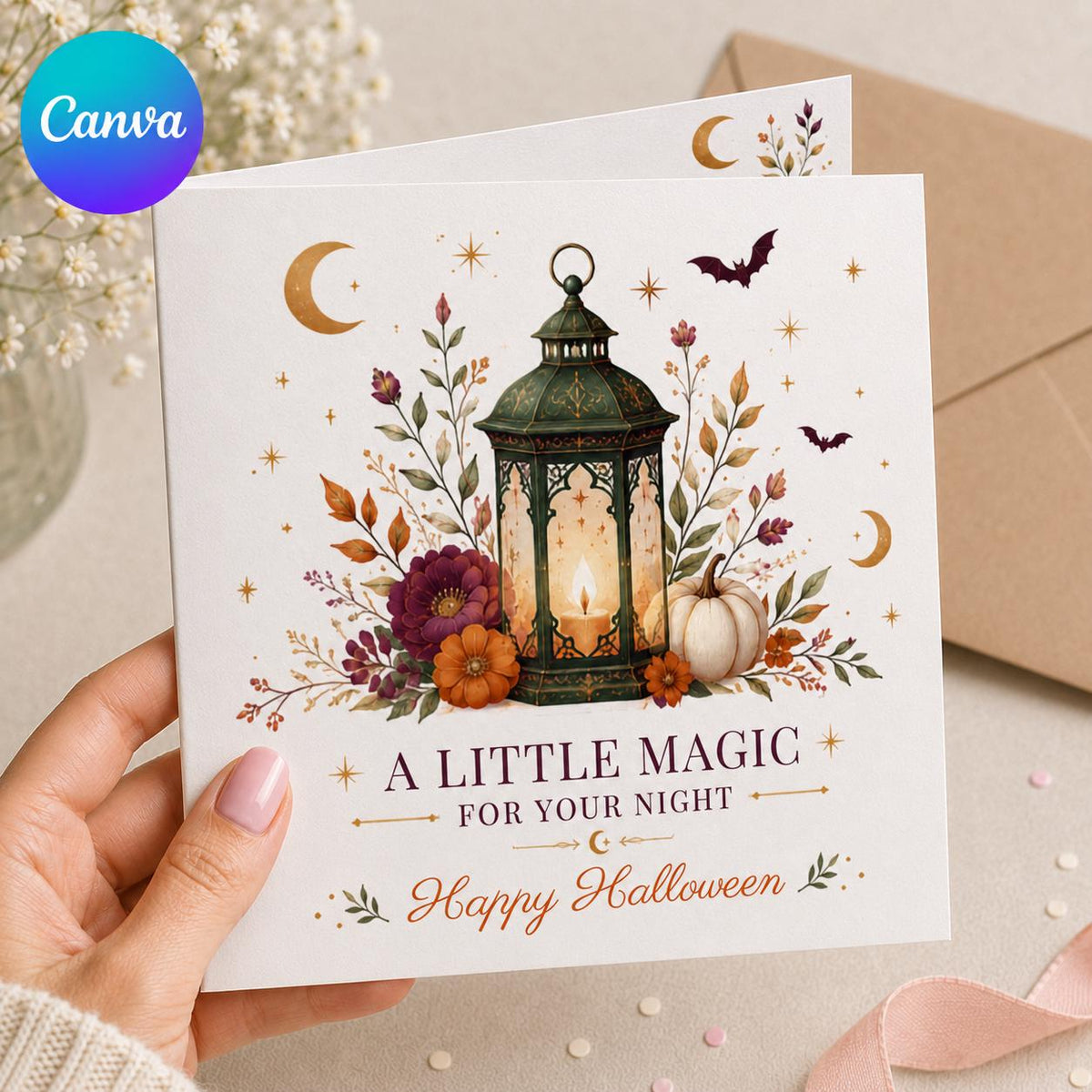 Gothic Floral Elegant Halloween Greeting Card — editable Canva template
