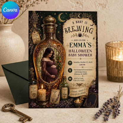 Gothic Halloween Baby Shower Invitation: A Baby Is Brewing Witchy Potion — editable Canva template