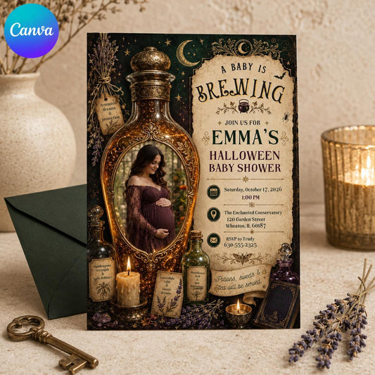 Gothic Halloween Baby Shower Invitation: A Baby Is Brewing Witchy Potion — editable Canva template