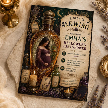 Gothic Halloween Baby Shower Invitation: A Baby Is Brewing Witchy Potion — coffee design