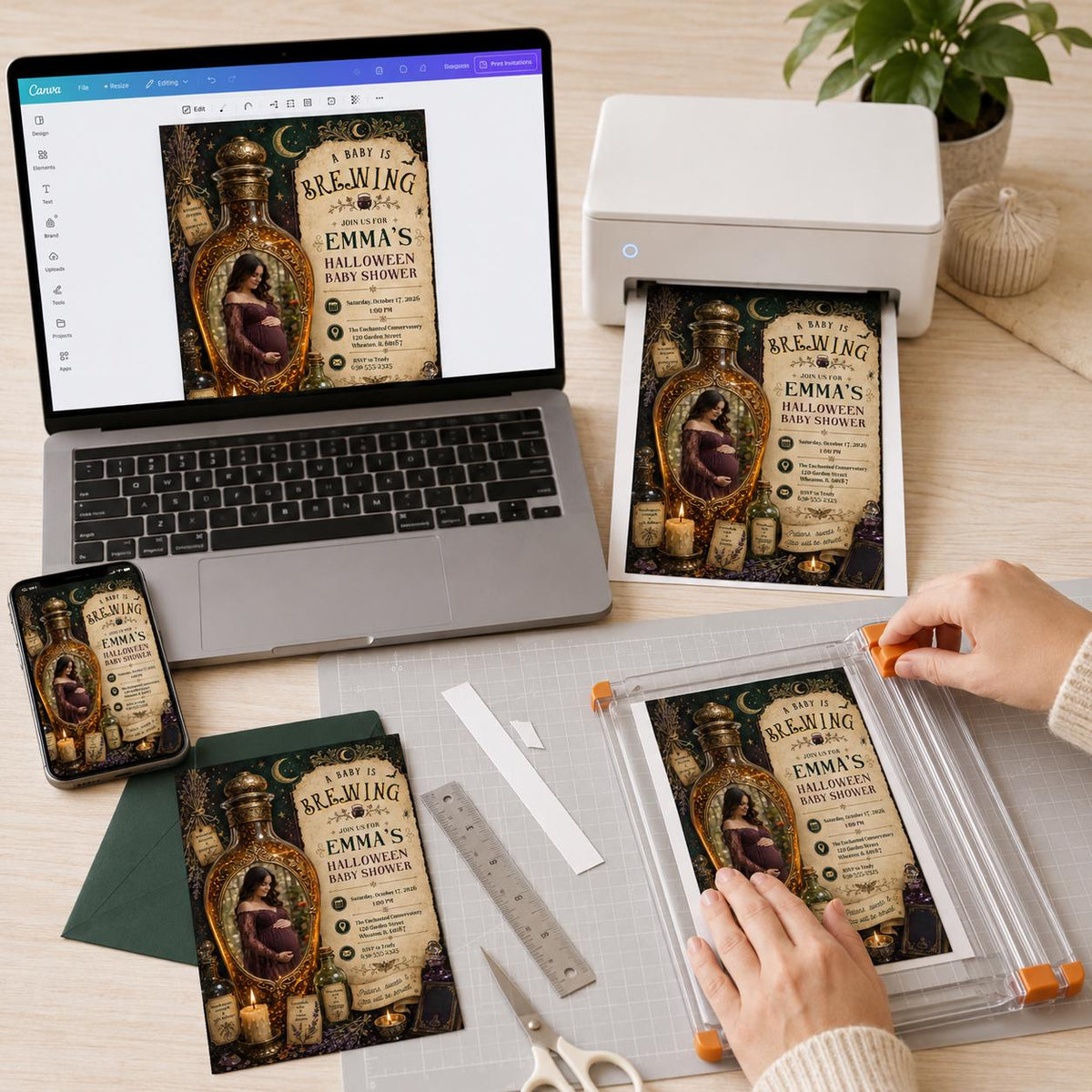 Gothic Halloween Baby Shower Invitation: A Baby Is Brewing Witchy Potion — invitation you personalize in Canva