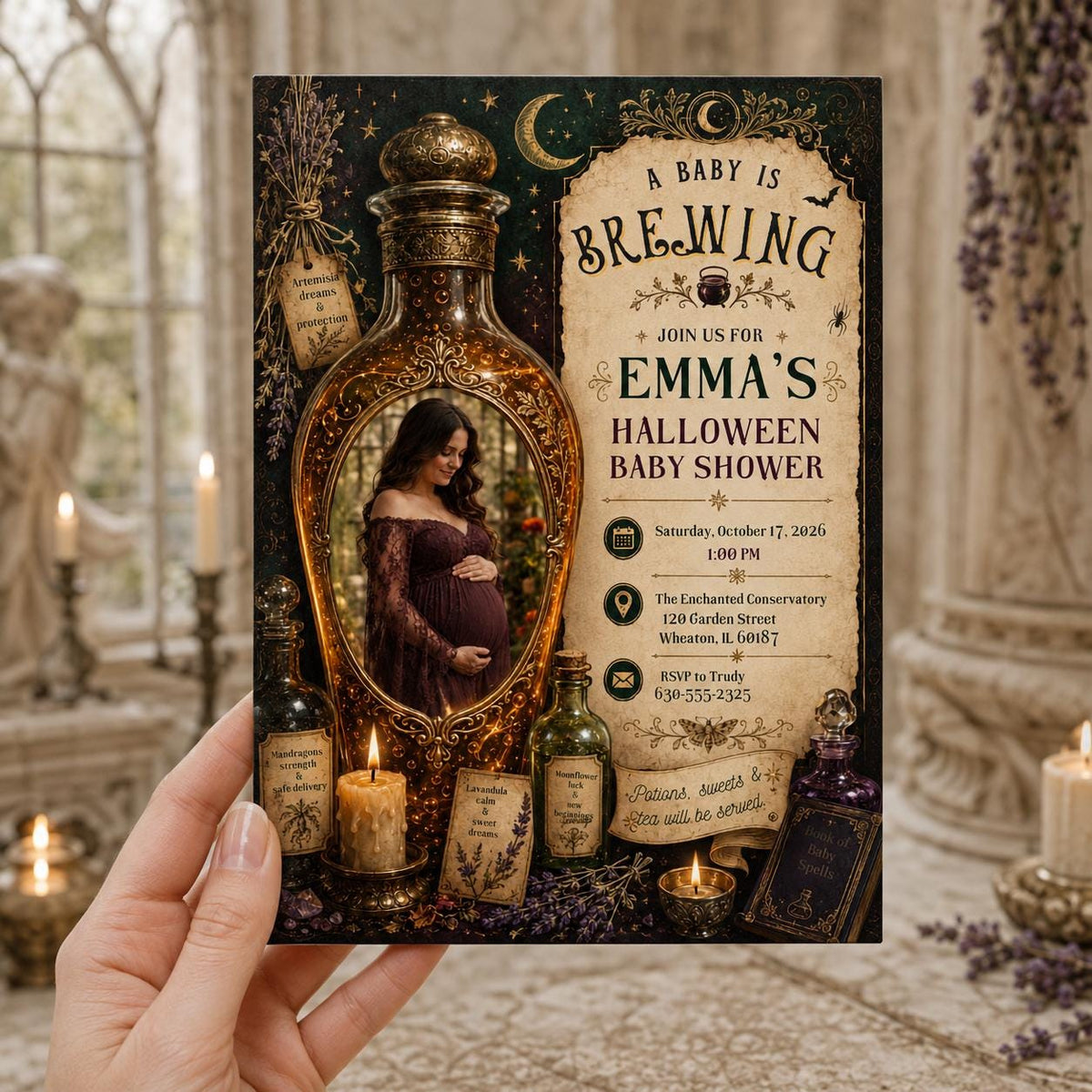 Gothic Halloween Baby Shower Invitation: A Baby Is Brewing Witchy Potion — print-ready baby shower design from VoltBy
