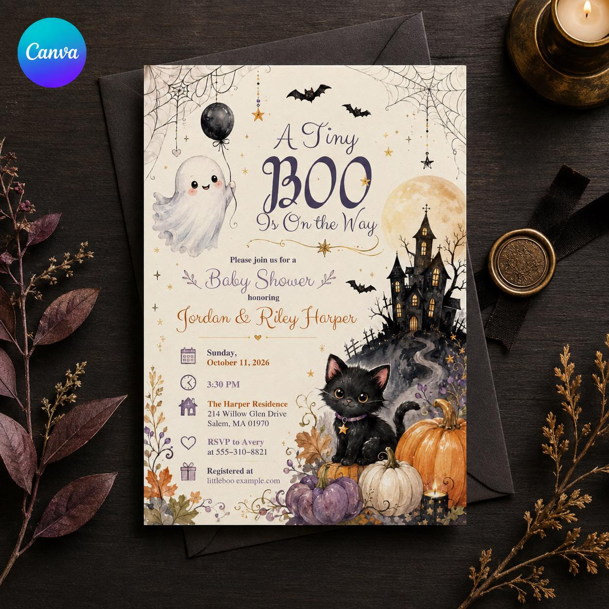 Gothic Halloween Baby Shower Invitation: A Tiny Boo Is on the Way — editable Canva template