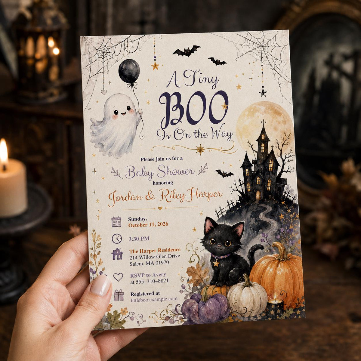 Gothic Halloween Baby Shower Invitation: A Tiny Boo Is on the Way — invitation you personalize in Canva
