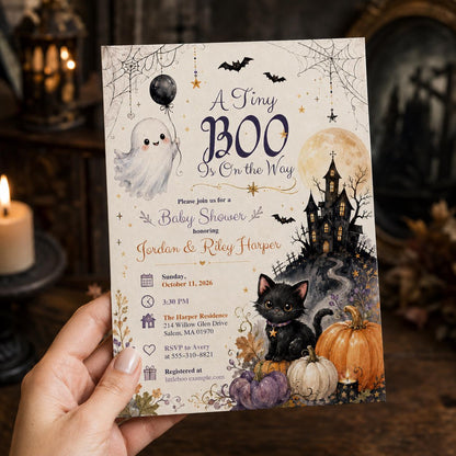Gothic Halloween Baby Shower Invitation: A Tiny Boo Is on the Way — invitation you personalize in Canva