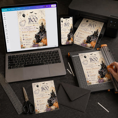 Gothic Halloween Baby Shower Invitation: A Tiny Boo Is on the Way — print-ready baby shower design from VoltBy