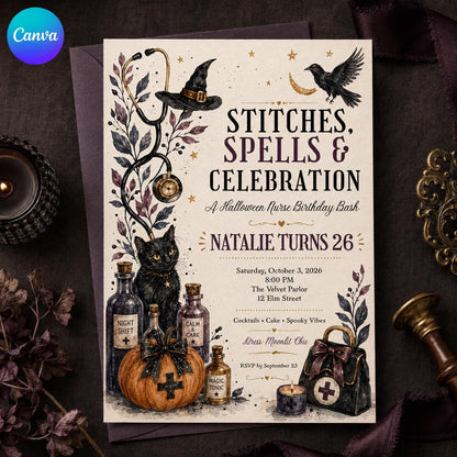 Gothic Halloween Nurse 26th Birthday Invitation — editable Canva template
