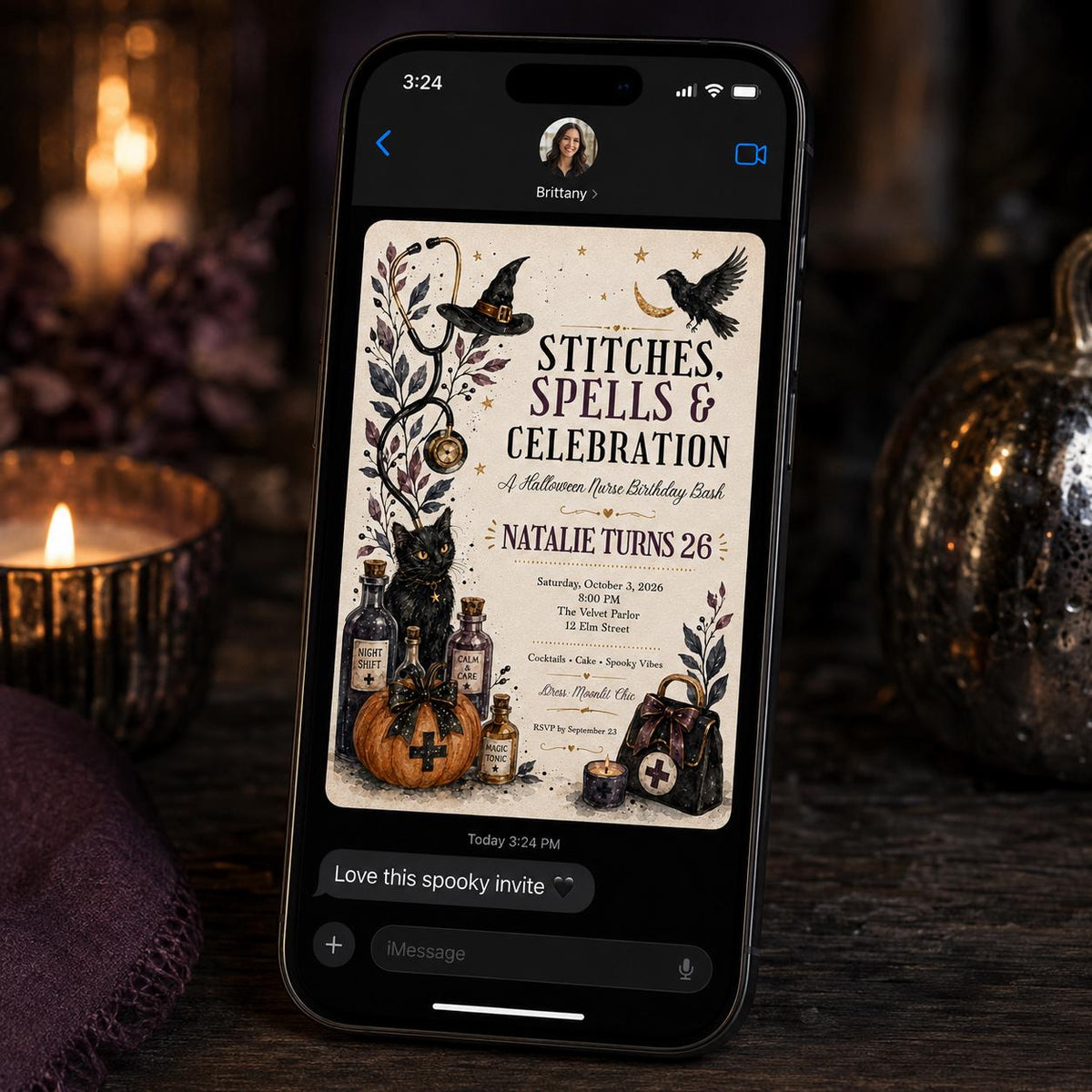 Gothic Halloween Nurse 26th Birthday Invitation — invitation you personalize in Canva