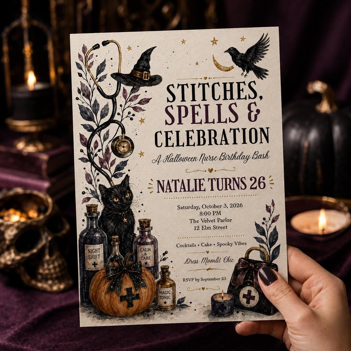 Gothic Halloween Nurse 26th Birthday Invitation — print-ready 26th birthday party design from VoltBy