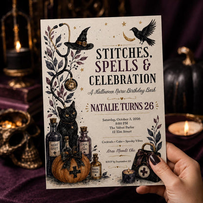 Gothic Halloween Nurse 26th Birthday Invitation — print-ready 26th birthday party design from VoltBy