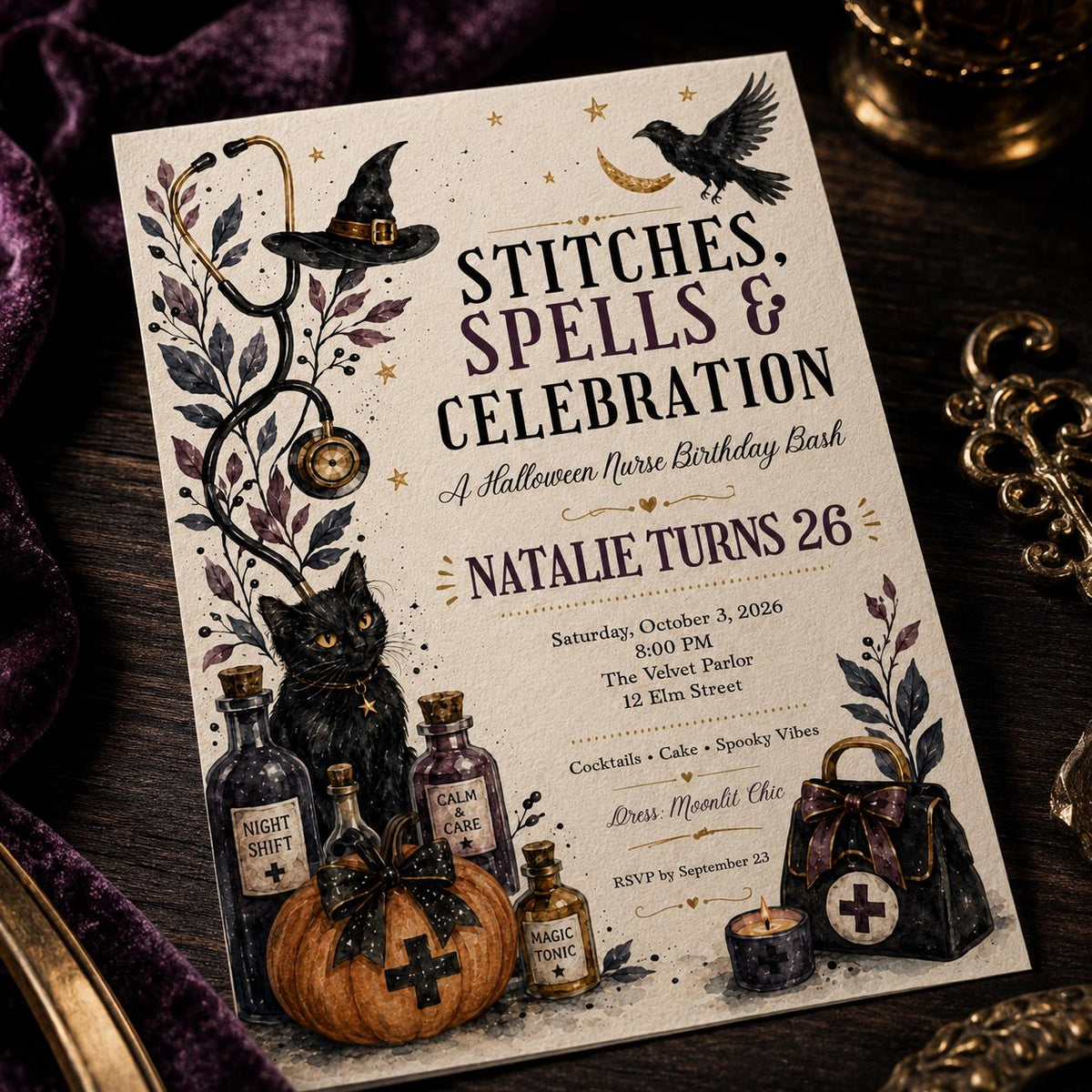 Gothic Halloween Nurse 26th Birthday Invitation — 26th birthday party stationery by VoltBy
