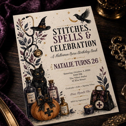 Gothic Halloween Nurse 26th Birthday Invitation — 26th birthday party stationery by VoltBy