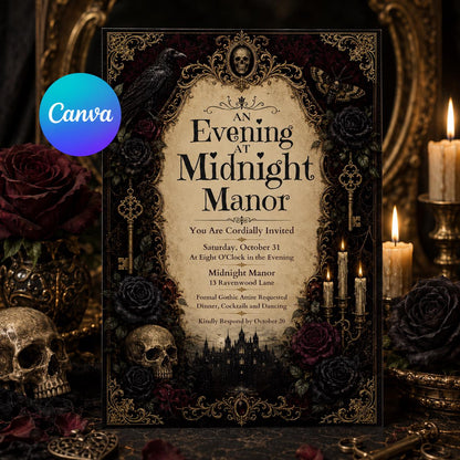 Gothic Halloween Party Invitation — editable Canva template