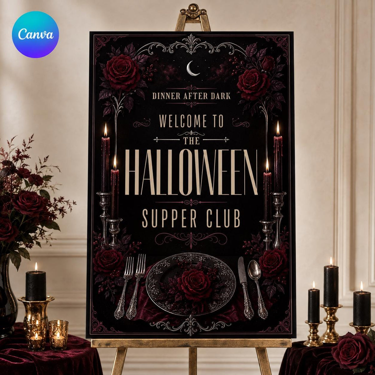 Gothic Halloween Supper Club Welcome Sign — editable Canva template