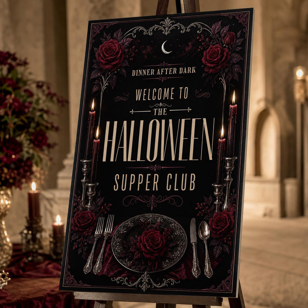Gothic Halloween Supper Club Welcome Sign — print-ready Halloween party design from VoltBy