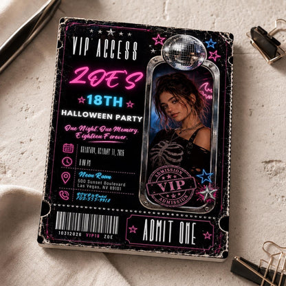 Gothic Neon 18th Birthday Halloween Invitation — disco ball and ticket design