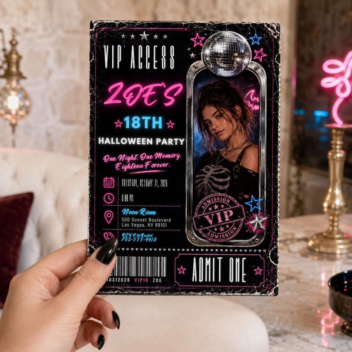 Gothic Neon 18th Birthday Halloween Invitation — print-ready 18th birthday party design from VoltBy