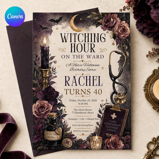 Gothic Nurse Halloween 40th Birthday Invitation — editable Canva template
