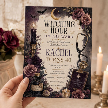 Gothic Nurse Halloween 40th Birthday Invitation — print-ready 40th birthday party design from VoltBy