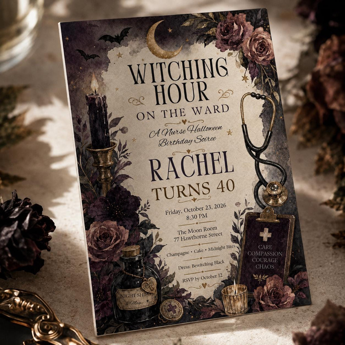 Gothic Nurse Halloween 40th Birthday Invitation — 40th birthday party stationery by VoltBy
