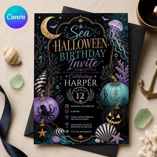 Gothic Sea Halloween 12th Birthday Invitation — editable Canva template
