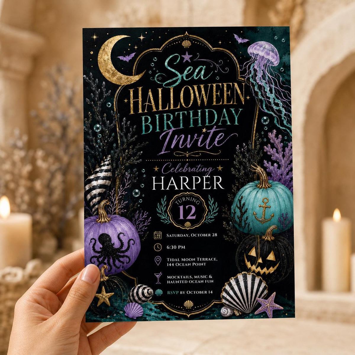 Gothic Sea Halloween 12th Birthday Invitation — ocean design