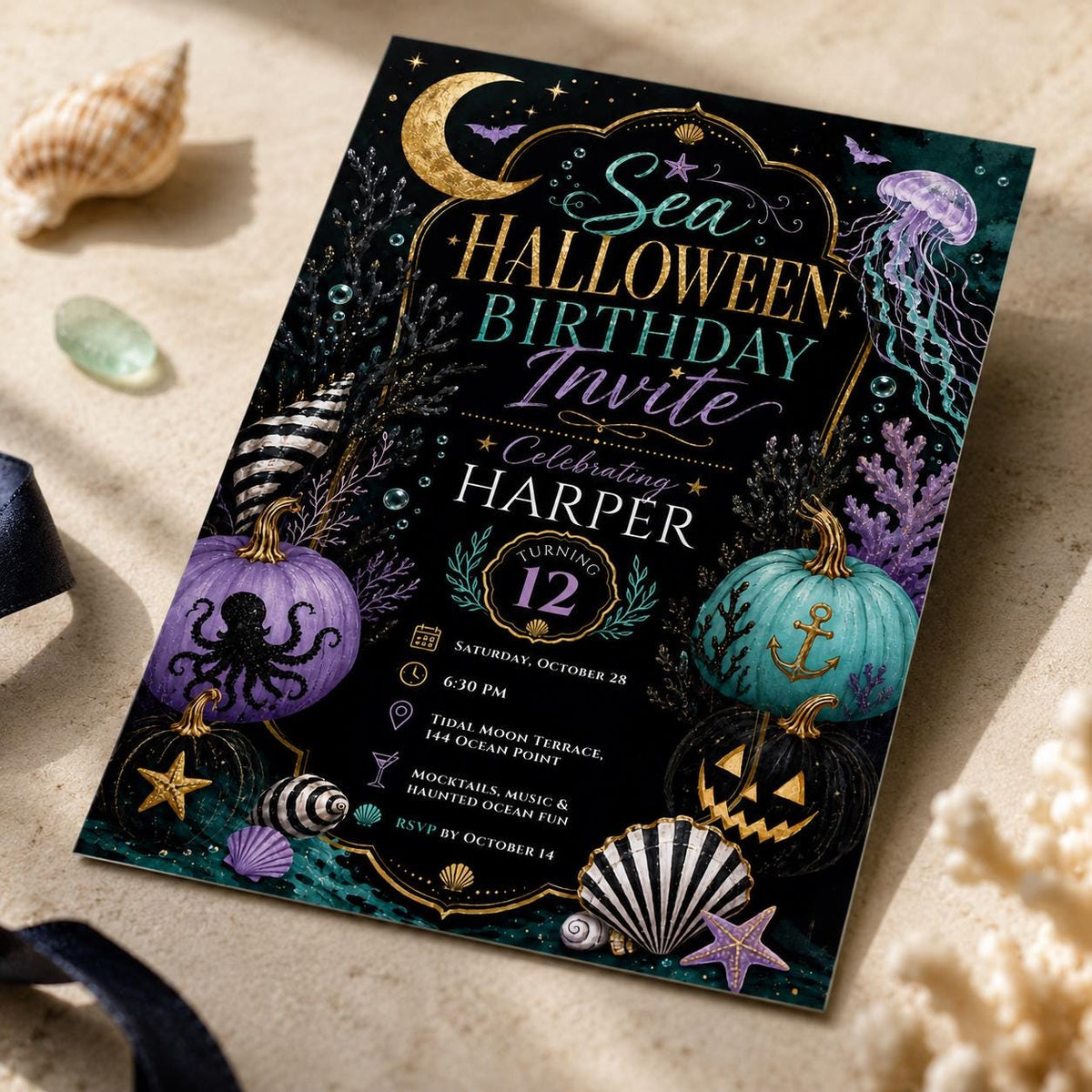 Gothic Sea Halloween 12th Birthday Invitation — print-ready 12th birthday party design from VoltBy