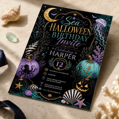 Gothic Sea Halloween 12th Birthday Invitation — print-ready 12th birthday party design from VoltBy