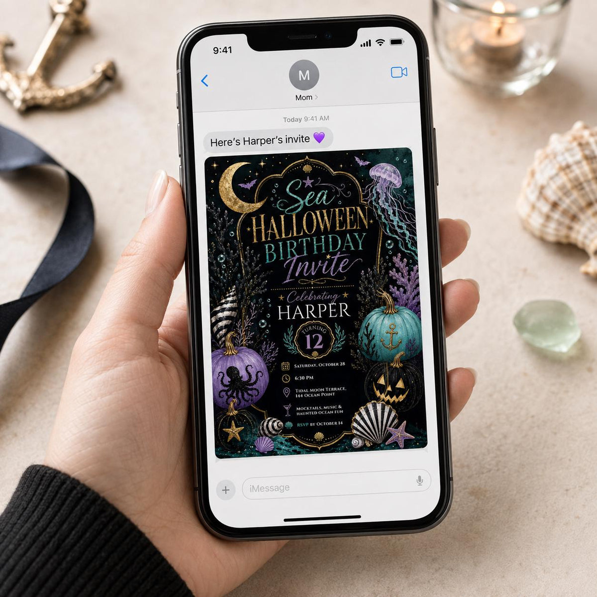 Gothic Sea Halloween 12th Birthday Invitation — digital invitation, instant download
