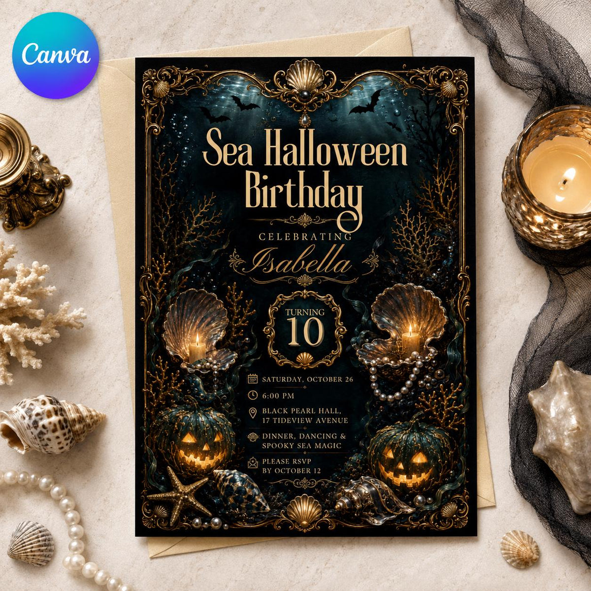 Gothic Sea Halloween Birthday Invitation — editable Canva template